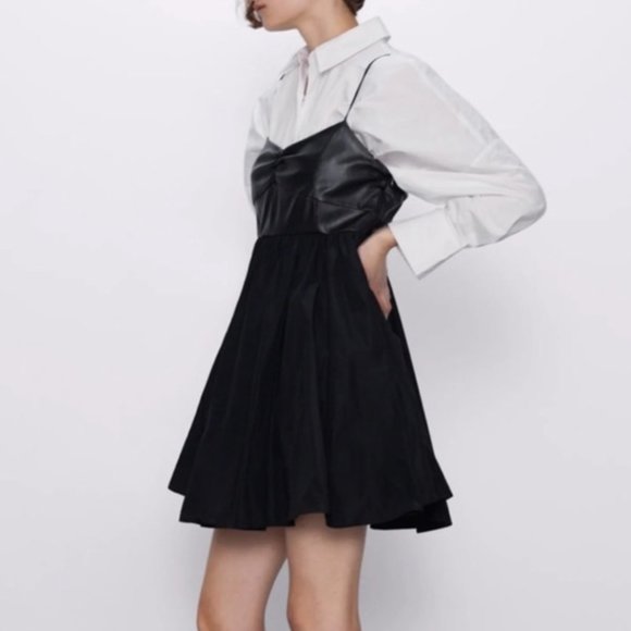 ZARA Sweetheart Neckline Black Faux Leather Combination Mini Dress - Picture 7 of 15